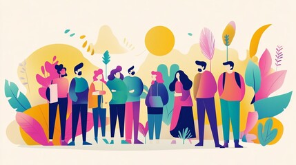 A diverse group of people engaged in conversation amidst a vibrant, colorful backdrop of plants and sunny weather