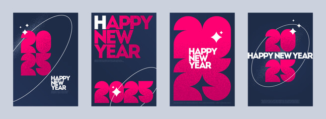 Greeting card set with 2025 new year logo. Holiday design with number of year. Design with grainy texture. Vector illustration for greeting card, invitation, cover, poster, calendar, etc.