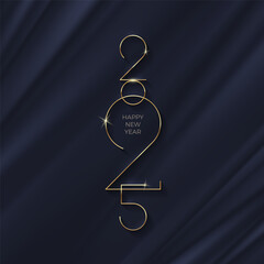 2025 new year logo on black abstract waves background. New year luxury greeting design for poster, flyer, invitation, postcard, advertising. Vector illustration.