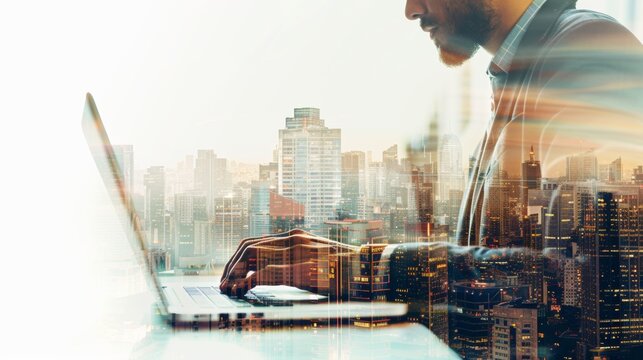 city and businessman using laptop computer. conceptual business image