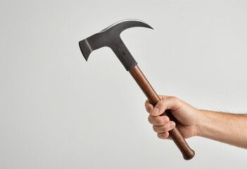 Hand holding a hammer on a white background
