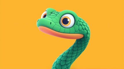 Fototapeta premium A vibrant green cartoon snake with large eyes against a bright yellow background, showcasing playful personality and friendly expression, 3d illustration.
