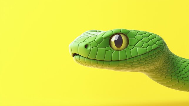 Bright green snake with prominent yellow background showcasing the intricate details of its scales and eyes, 3d illustration.