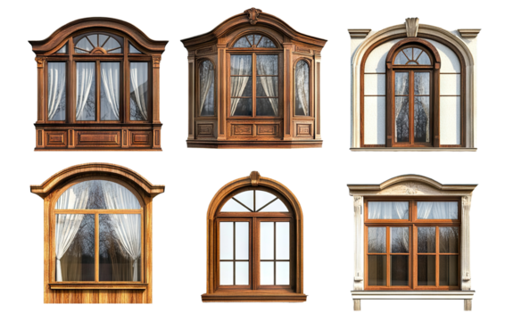 Set of different wooden windows isolated on transparent cutout background
