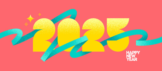 2025 New Year  logo with ribbon. New Year sign with turquoise squiggle lines. Vector illustration with grainy texture.