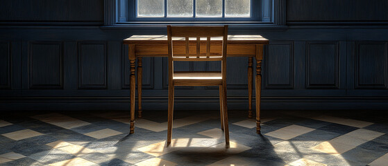 A wooden chair and desk bathed in soft natural light, casting gentle shadows on a patterned floor.