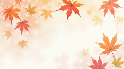 Fototapeta premium カエデ・紅葉した赤・緑・紫・オレンジの葉が白い背景の上に散らばって敷き詰められている水彩画風の手書き風のイラスト A hand-drawn watercolor-style illustration of maple leaves in red, green, purple, and orange autumn colors scattered and spread across a white 