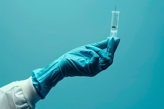 Close up hand of doctor in blue latex glove and medical gauze mask with transparent syringe. Health and vaccination concept