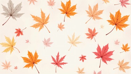 カエデ・紅葉した赤・緑・紫・オレンジの葉が白い背景の上に散らばって敷き詰められている水彩画風の手書き風のイラスト　A hand-drawn watercolor-style illustration of maple leaves in red, green, purple, and orange autumn colors scattered and spread across a white 