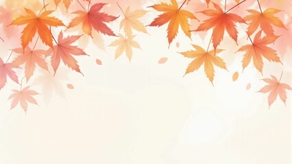 カエデ・紅葉した赤・緑・紫・オレンジの葉が白い背景の上に散らばって敷き詰められている水彩画風の手書き風のイラスト　A hand-drawn watercolor-style illustration of maple leaves in red, green, purple, and orange autumn colors scattered and spread across a white 