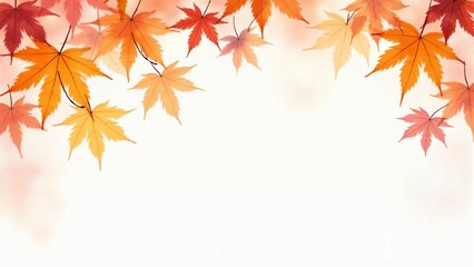 カエデ・紅葉した赤・緑・紫・オレンジの葉が白い背景の上に散らばって敷き詰められている水彩画風の手書き風のイラスト　A hand-drawn watercolor-style illustration of maple leaves in red, green, purple, and orange autumn colors scattered and spread across a white 