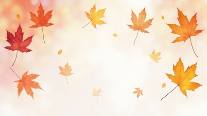Fototapeta premium カエデ・紅葉した赤・緑・紫・オレンジの葉が白い背景の上に散らばって敷き詰められている水彩画風の手書き風のイラスト A hand-drawn watercolor-style illustration of maple leaves in red, green, purple, and orange autumn colors scattered and spread across a white 