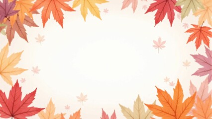 カエデ・紅葉した赤・緑・紫・オレンジの葉が白い背景の上に散らばって敷き詰められている水彩画風の手書き風のイラスト　A hand-drawn watercolor-style illustration of maple leaves in red, green, purple, and orange autumn colors scattered and spread across a white 