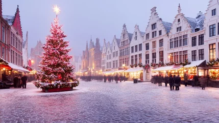 Tableau sur plexiglas Bruges christmas grote markt, festive holiday decorations  © Chaikit