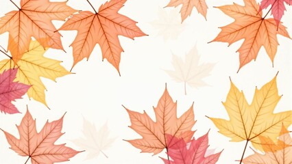 Fototapeta premium カエデ・紅葉した赤・緑・紫・オレンジの葉が白い背景の上に散らばって敷き詰められている水彩画風の手書き風のイラスト A hand-drawn watercolor-style illustration of maple leaves in red, green, purple, and orange autumn colors scattered and spread across a white 