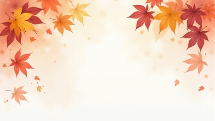 Fototapeta premium カエデ・紅葉した赤・緑・紫・オレンジの葉が白い背景の上に散らばって敷き詰められている水彩画風の手書き風のイラスト A hand-drawn watercolor-style illustration of maple leaves in red, green, purple, and orange autumn colors scattered and spread across a white 