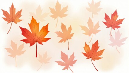 Obraz premium カエデ・紅葉した赤・緑・紫・オレンジの葉が白い背景の上に散らばって敷き詰められている水彩画風の手書き風のイラスト A hand-drawn watercolor-style illustration of maple leaves in red, green, purple, and orange autumn colors scattered and spread across a white 