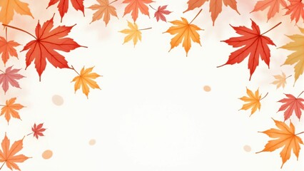 カエデ・紅葉した赤・緑・紫・オレンジの葉が白い背景の上に散らばって敷き詰められている水彩画風の手書き風のイラスト　A hand-drawn watercolor-style illustration of maple leaves in red, green, purple, and orange autumn colors scattered and spread across a white 