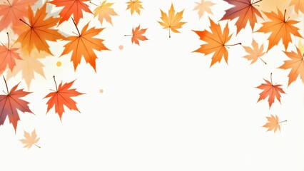 カエデ・紅葉した赤・緑・紫・オレンジの葉が白い背景の上に散らばって敷き詰められている水彩画風の手書き風のイラスト　A hand-drawn watercolor-style illustration of maple leaves in red, green, purple, and orange autumn colors scattered and spread across a white 