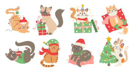 Christmas cats set. Cute funny feline characters for Christmas designs. Vector illustration in flat style