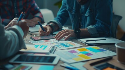Obraz premium Close up ux developer and ui designer use augmented reality brainstorming about mobile app interface wireframe design on desk at modern office.Creative digital development agency