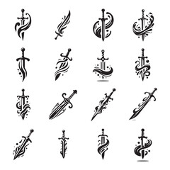 fluid sword silhouette icon set, collection or bundle isolated on white background, creative and stylish fluid sword vector icon, logo style fluid sword, stylish sword with curved and fluid shape