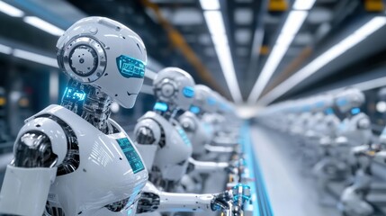 Fototapeta premium Futuristic Robots in High-Tech Production Facility