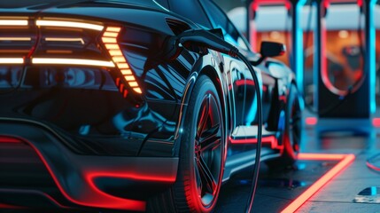 Fototapeta premium Closeup Electric car at futuristic charging station. Selected focusing. Eco alternative transport and battery charging technology concept. Photorealistic 3D rendering