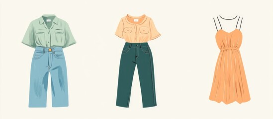 Casual flat design featuring a shirt high waisted jeans and a Boho dress