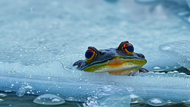 A frog peeks through the surface of a frozen pond surrounded by ice