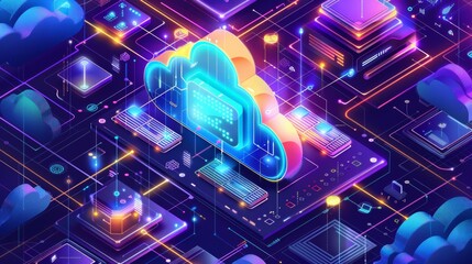 Cloud computing concept. Modern technologies and digital world. Metaverse and cyberspace. Storing and processing data on Internet, electronic archive or storage. Cartoon isometric vector illustration