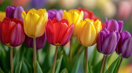 Obraz premium Close-up of yellow, red, and purple tulips forming a vibrant floral background