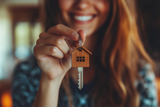 Smiling woman with keys from her new house in living room, focus on keys. Crop close up of female tenant renter show praise house keys moving to first own apartment. Relocate, rental, rent concept