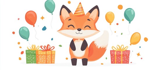 Birthday themed fox cub illustration in a flat cartoon style on a white background