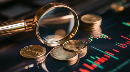 Financial analysis with magnifying glass on coins and stock market data displayed on a screen during the day