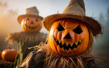 straw scarecrow with pumpkin head, halloween