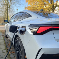 Closeup EV charger handle plugged in or connect to electric car, recharging EV car battery with alternative and sustainable energy with zero CO2 emission for clean environment. Perpetual