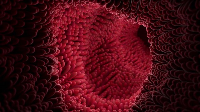 Enlargement of the surface of the small intestine in the digestive system, rich in undulating microvilli. 3d rendering