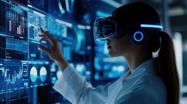 A female scientist wearing VR glasses near the screen of virtual reality technology - Powered by Adobe