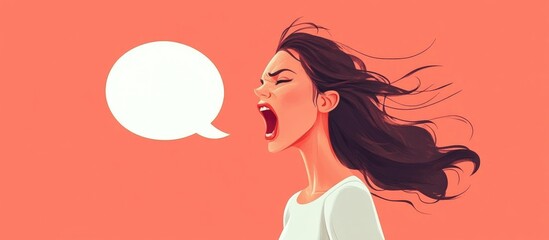 Angry woman shouting with a speech bubble Aggressive female figure expressing anger Flat illustration style