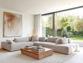 A living room with a white couch and a coffee table. A painting is on the wall. There are many books on the coffee table