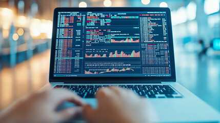 Currency exchange platform on a laptop screen with realtime market data, showing financial analysis in progress