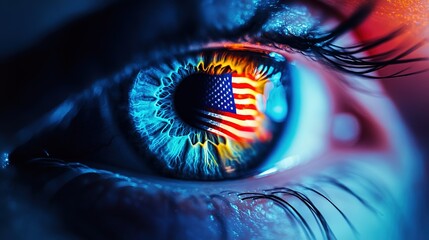 Patriotic Eye Close-up Reflecting American Flag, Symbolizing Unity and Pride. National Identity and Freedom Concepts