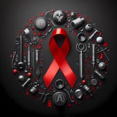 Red ribbon with a symbol of AIDS on black background