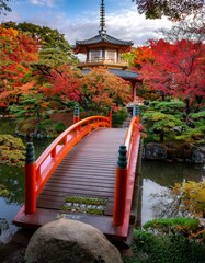autumn landscape featuring a traditional Japanese bridge and pagoda