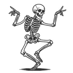 Obraz premium skeleton dancing, dance pose, exuding a fun and spooky vibe sketch engraving generative ai raster illustration. Scratch board imitation. Black and white image.