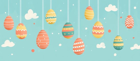 Flat design illustration depicting the Easter theme with hanging Easter eggs suspended by threads