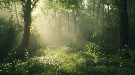 misty morning in the forest genarative ai