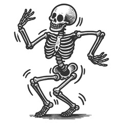 skeleton dancing, dance pose, exuding a fun and spooky vibe sketch engraving generative ai raster illustration. Scratch board imitation. Black and white image.