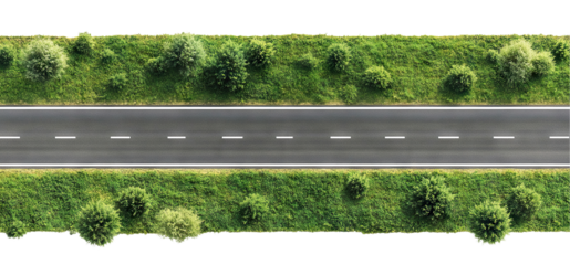 Aerial view of a straight asphalt road lined with trees, isolated on transparent cutout background